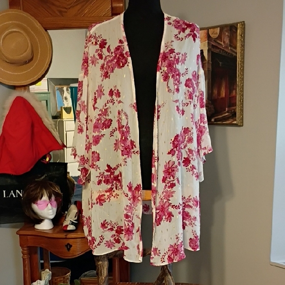 Marybelle Other - 3/$25 White Floral Kimono Cardigan with Pink Blossoms & Gold Accents